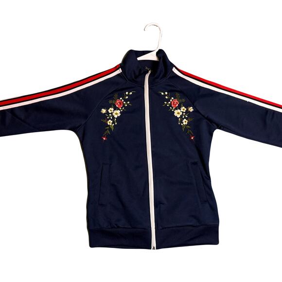 Navy blue floral zip up track jacket with red and white striped sleeves - Picture 6 of 8